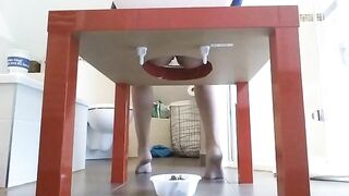 Girl takes a shit through the table into a bowl