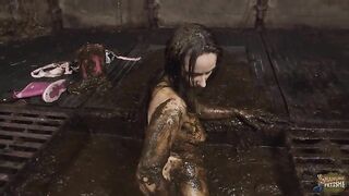 Hot girl playing in cowshit