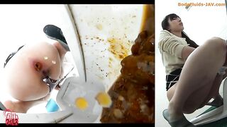 Woman squats on toilet and takes a big shit