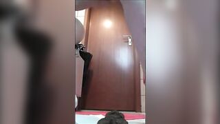 Sexy brunette lady in high heels shitting heavily