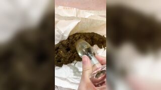 Dirty hairy lady dildo bangs while pooping long turd