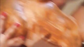 Dirty chubby brunette taking chocolate shit