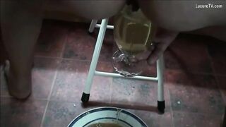 Mature lady poops in the plate