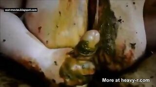 Sexy big tits lady gives scat handjob