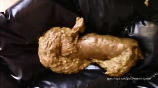Sexy blonde girl pooping on plastic bag