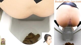 Girl in uniform takes a big shit on the toilet