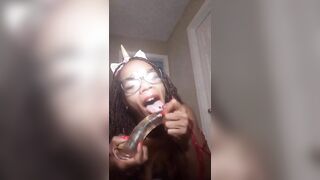 Nerdy ebony girl dildo fucking and pooping