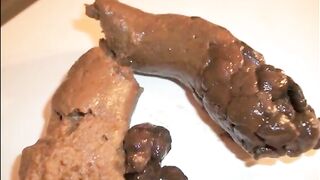 Girl shits on a plate in a bathroom