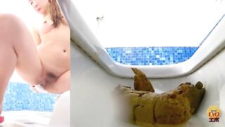 Girl takes a shit on the toilet while holding her ass open