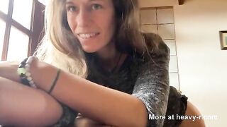 Cute blonde girl masturbates and poops in lingerie