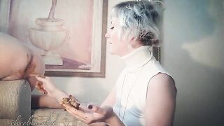 Beautiful blonde hot babe eating shit