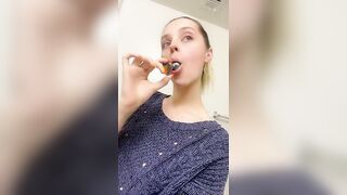 Skinny brunette gal eating shit