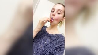 Skinny brunette gal eating shit