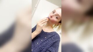 Skinny brunette gal eating shit