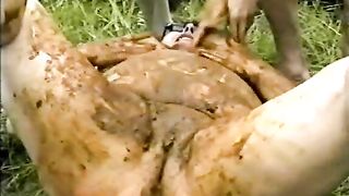 Chubby busty amateur lady covered in shit