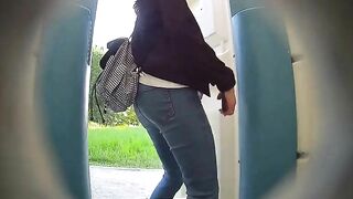 Lovely amateur lady caught pooping in the public outdoor toilet