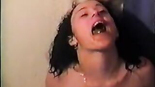 Nasty brunette gal eating fresh sweet shit
