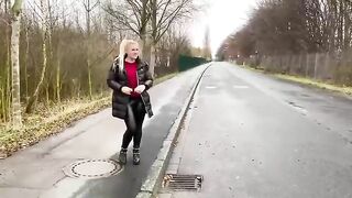 Naughty blonde lady poops on the road