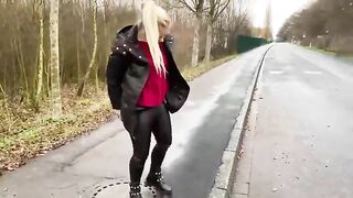 Naughty blonde lady poops on the road