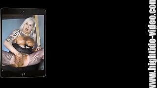 Stunning huge boobs lady in stockings smearing shit