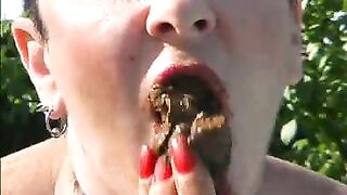Slutty German busty eating shit outdoor