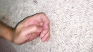 Woman eats shit off a boot on carpet