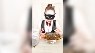 Man eats shit off a spoon from a bowl