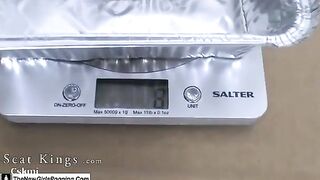 Girl squats and drops a huge shit in a tin bowl