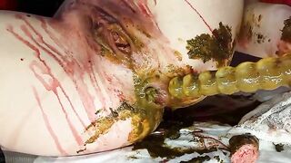 Dirty scat girl in period masturbates with dildo