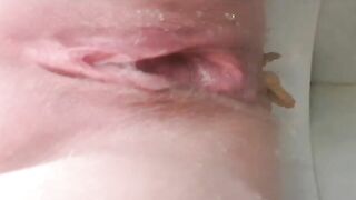 Shaved pink pussy lady pissing and shitting pov