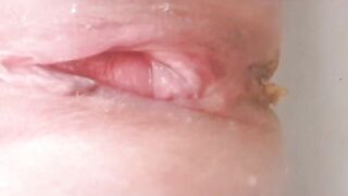 Shaved pink pussy lady pissing and shitting pov