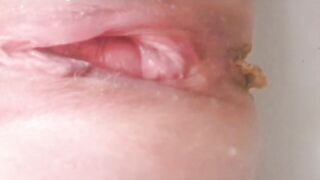 Shaved pink pussy lady pissing and shitting pov