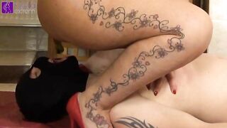 Squatting girl takes a shit on guy's body