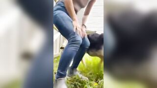 Beautiful chick in the garden poops hard