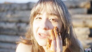 Blonde sexy young babe smearing shit