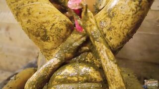 Nasty lady getting covered in messy shit