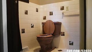 Cute brunette shits while reading a book in the toilet