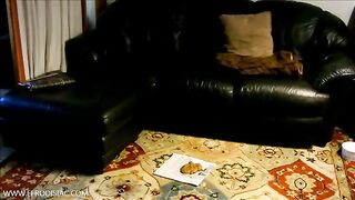 Slut in white underwear squats over shit on newspaper