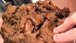 Nude woman eats her own shit from the floor