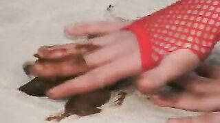 Dirty girl smearing shit on her lovely ass while toying