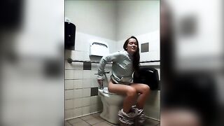 Brunette pooping on public toilet