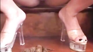 Hairy brunette gal shitting on the stairs