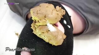 Nasty babe shitting hard for slave in toilet