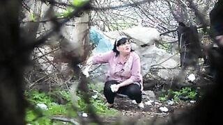 Chubby wife poops in the garden