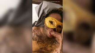 Pretty girlfriend covered in shit sucking cock