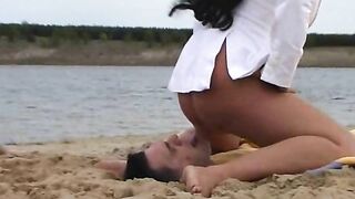 Beautiful tanned girlfriend poops for lover at the beach