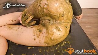 Woman in a mask squats in her own shit on a table