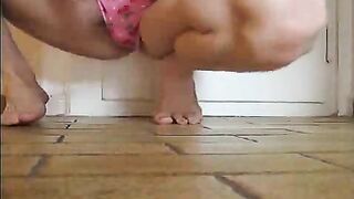 Girl takes a huge shit on the floor while wearing pink panties
