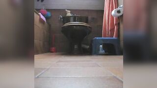 Big assed woman squatting and shitting on the floor