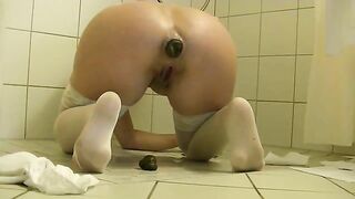 Big shit from a girl in sexy  white stockings